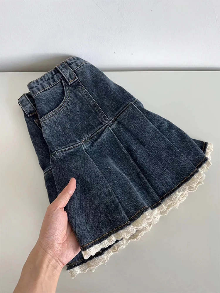 American Retro Kawaii Denim Mini Skirt Women Sexy Gyaru Lace Patchwork High Waist Pleated Jean Skirts Y2k Shorts Summer 2023