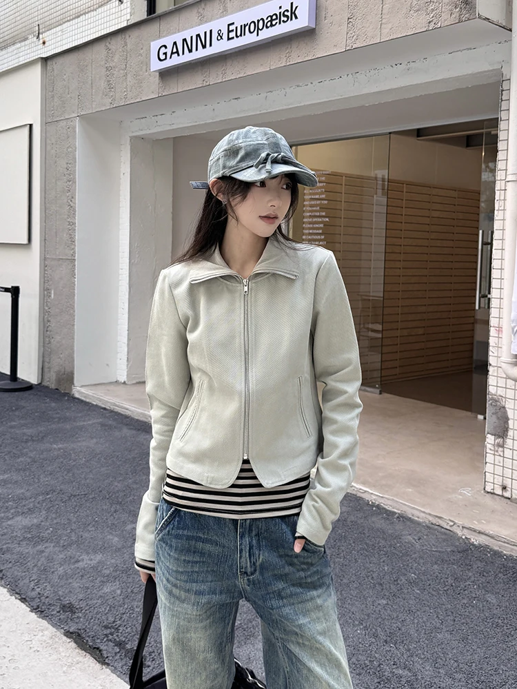 

Женская приталенная куртка URKR в американском стиле, тонкая, ретро, с застежкой на плече, универсальная, из смесового хлопка, с длинными рукавами, на молнии