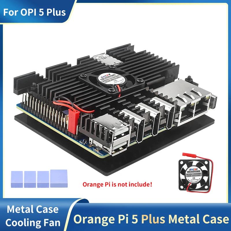 

Orange Pi 5 Plus Metal Case Active Passive Cooling Shell with Silicone Heat Sink Fan for OPI5 Plus