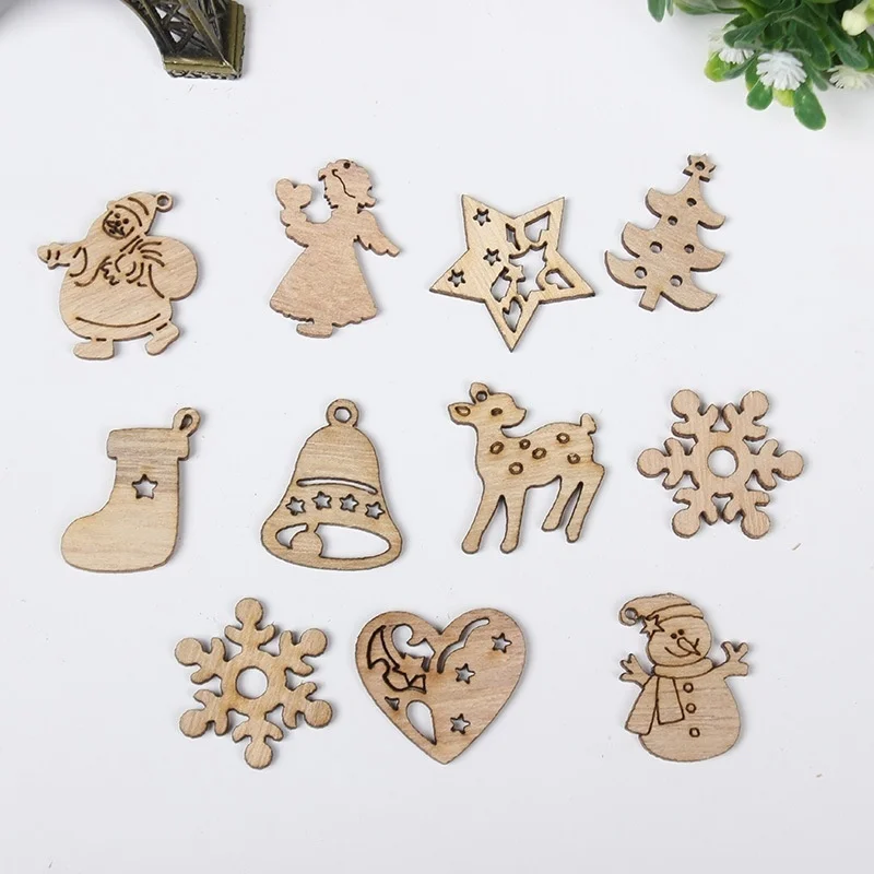 10/50PC Christmas Wooden Hanging Ornament Carton Santa Snowman Bear Pendant Noel Home Party Decoration Kids DIY Painting Gifts