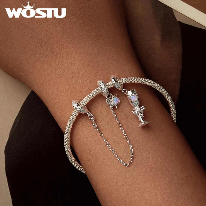 WOSTU 925 Sterling Silver Romantic Candlestick Pendant Heart Safty Chain Wine cup Charm Cake Bead Fit Original Bracelet Necklace