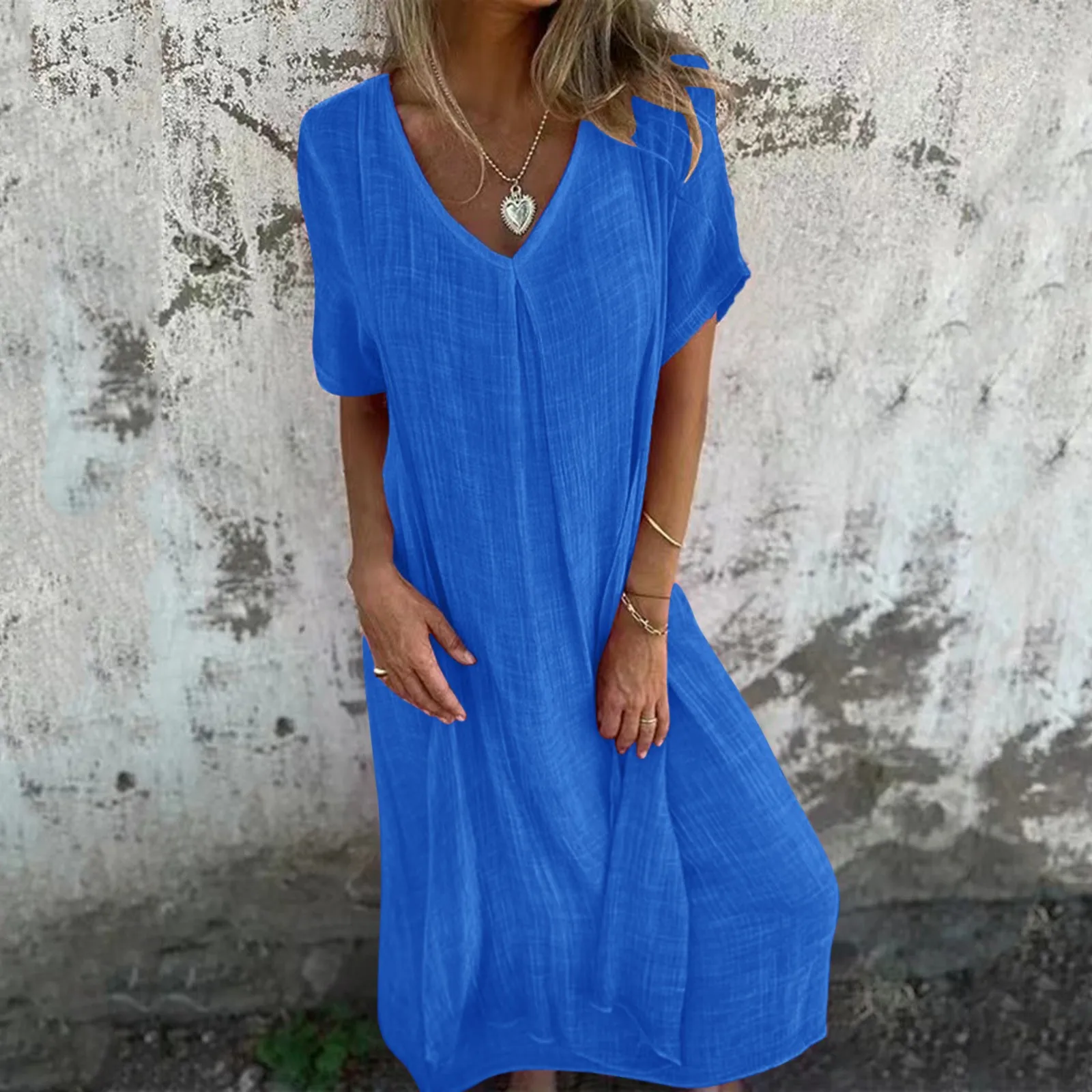 

Women'S Casual Loose Fitting Long V Neck Dress solid color loose ladies beach summer holiday short sleeve casual vestidos 2024