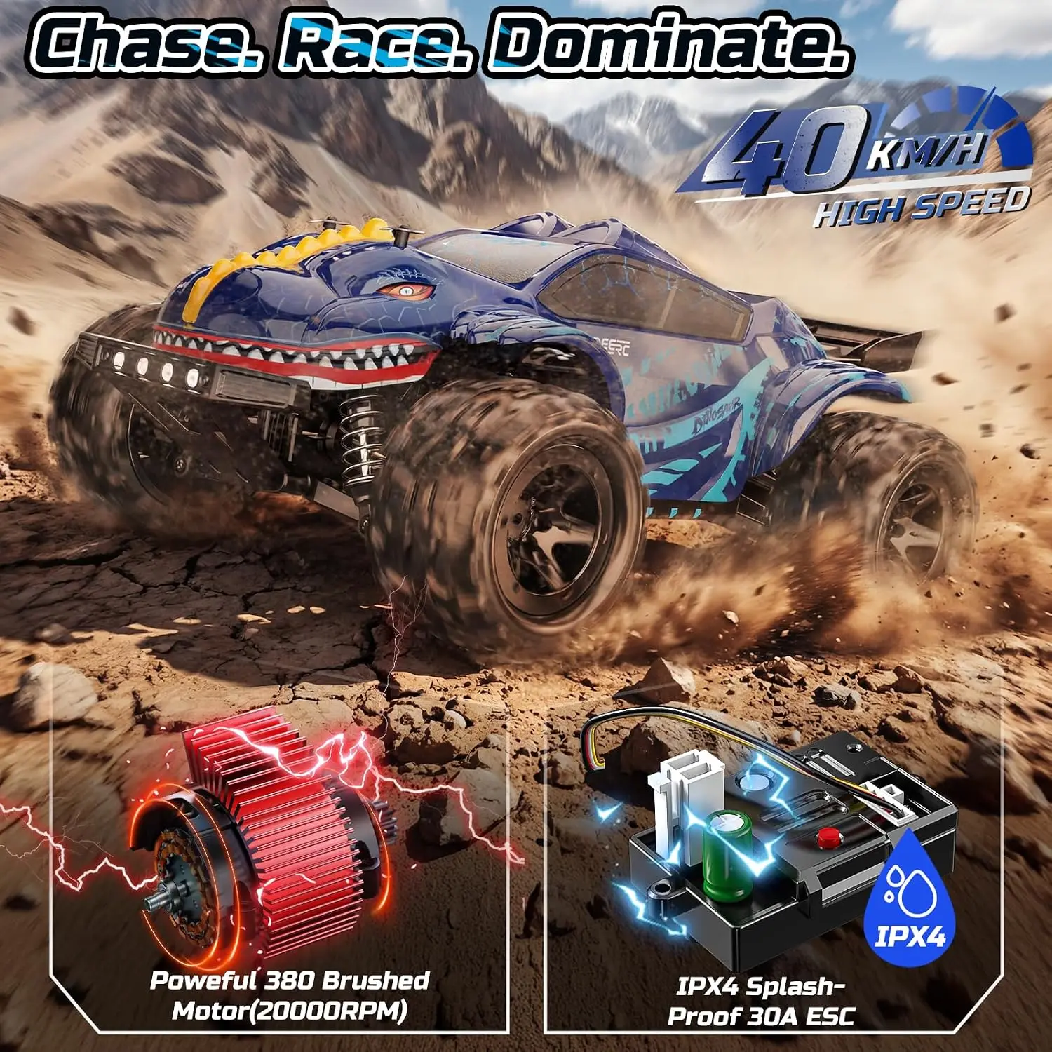 DEERC 9308E 1:16 Fast RC Cars for Boys Age 8-12 RC Monster Truck 40 KPH,All Terrain 4WD High Speed Dinosaur Truck 2 Car Shell,2.