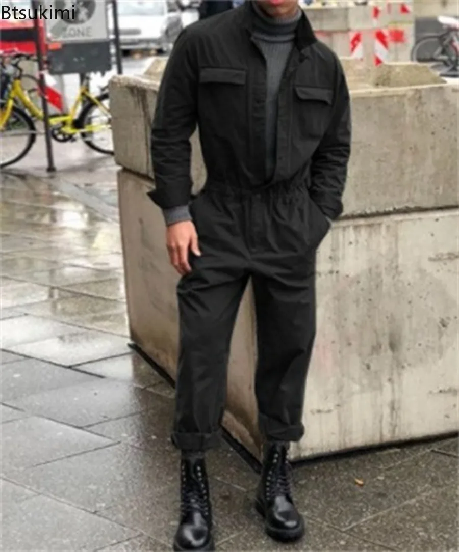 2025 Autumn Winter Fashion Men Clothing Jumpsuits New Stand Collar Long Sleeve Trousers Men Casual Streetwear One Piece Overalls
