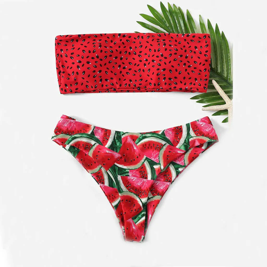 Sexy Watermelon Bandeau Two Piece Swimwear For Women Bikini Low Waist Backless Swimsuit Strapless Swimming Female Bathing Suit