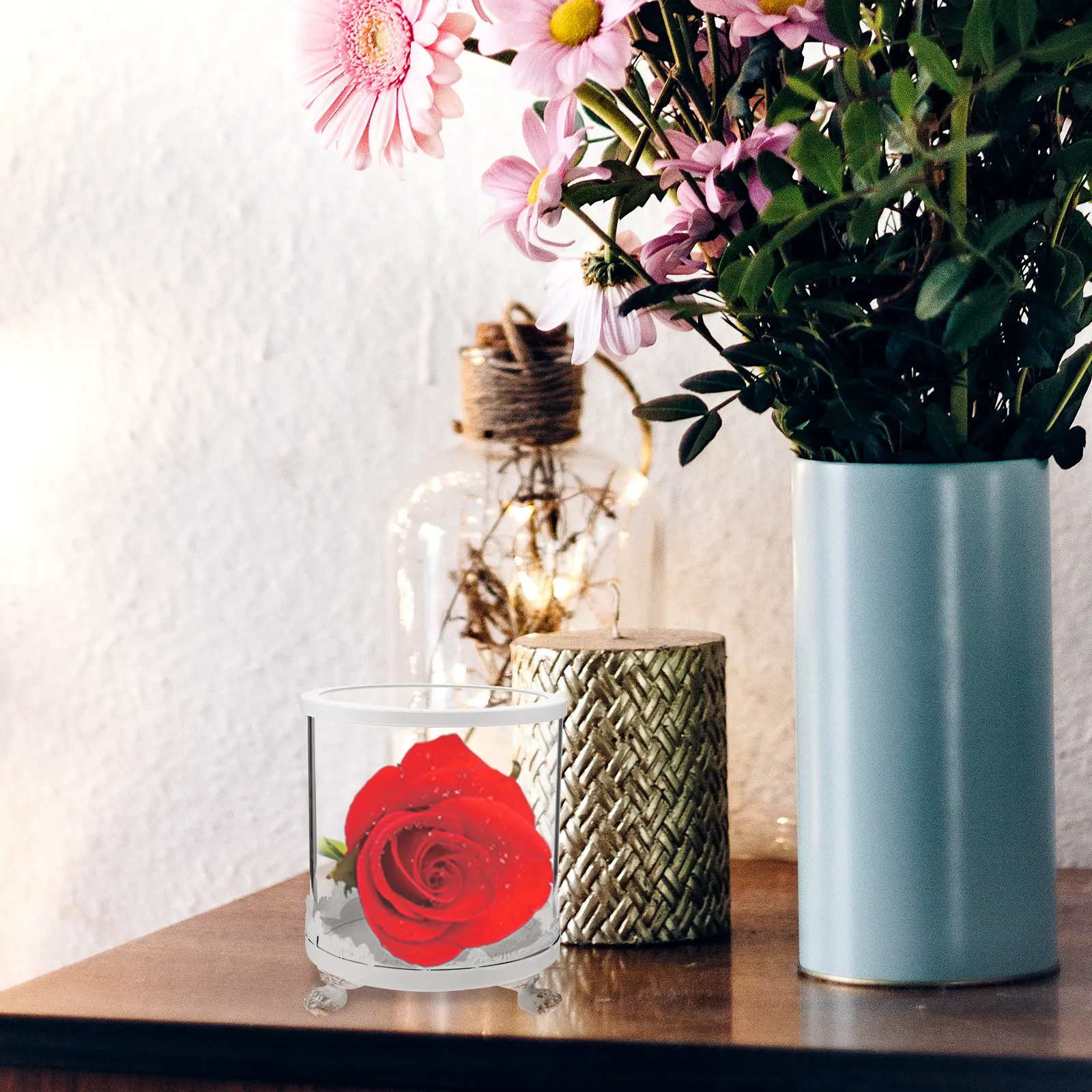 Glass Dome Eternal Flower with Metal Base Small Display Case Clear Glass Cover for Preserved Flower Decoration Home Office