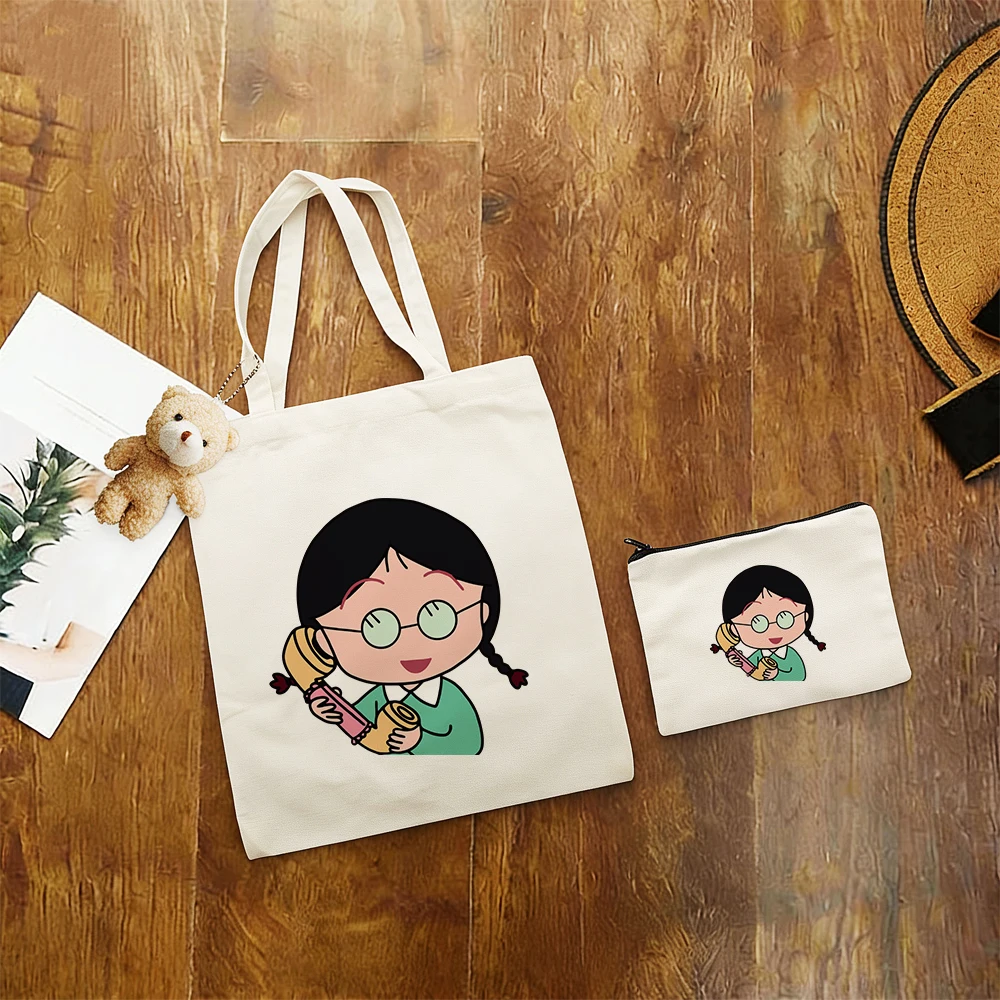 

3Pcs Set Kawaii Cute Chibi Maruko-chan Anime Canvas Bag Large Capacity All-match Student Shoulder Bag Cartoon Print Casual Gift