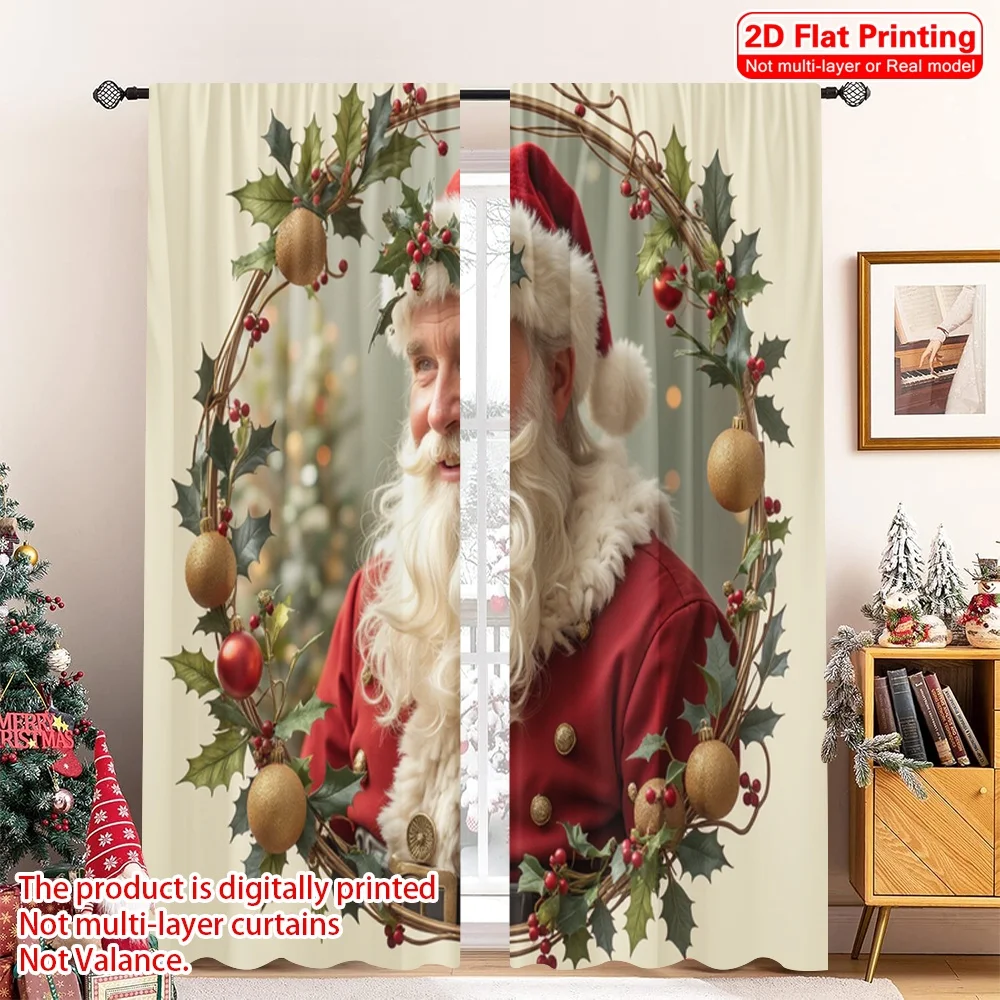 

2pcs 2D flat printing Christmas Window Curtains Santa Claus Holly Wreath Classic 100% Polyester Without Electricity 0 Perfect
