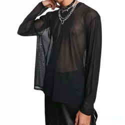 2023 New Korean Style Black Men's Clothing Grid Mesh Sheer T-shirt Sexy Men's Clothes All-match Fashion Bottoming Shirt