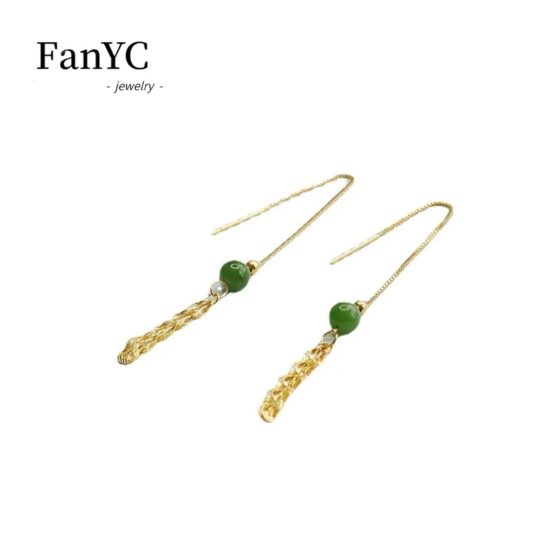 S925 Silver Inlaid Natural Hetian Jade Ear Thread 18k Gold Jasper Tail Ear Hook Exquisite Fashion Women Jewelry Holiday Gift