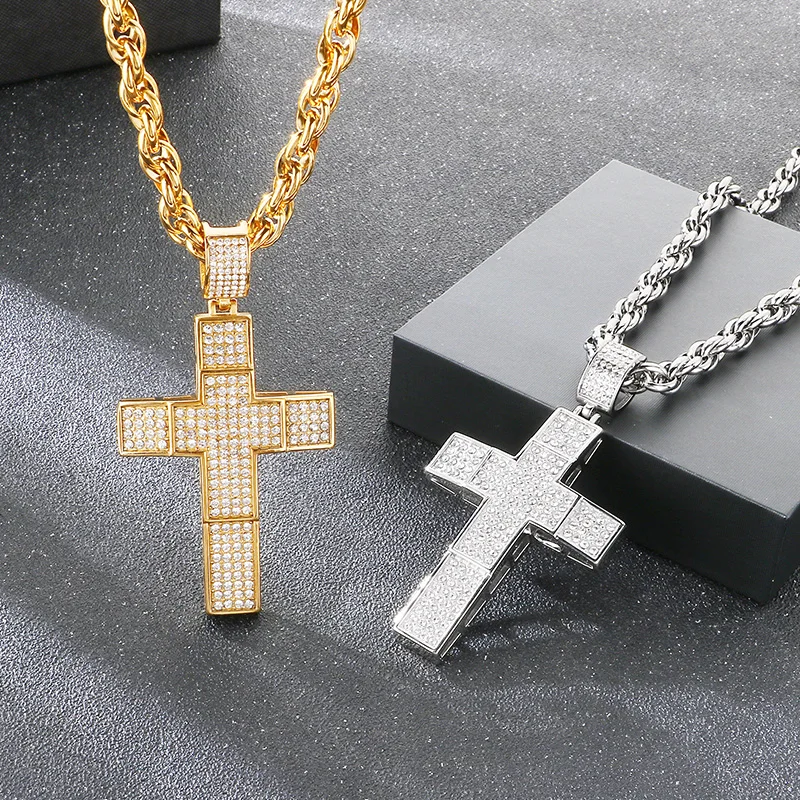 

Hip Hop Full Rhinestone Stainless Steel Cross Pendant Necklace for Men Larger 18K Gold Color Cross Party Jewelry Gift CNC Stone