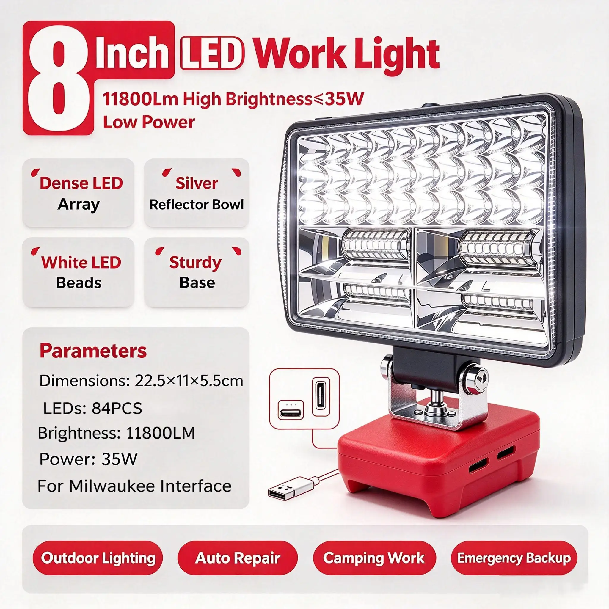 8Inch Led Light Spotlight Outdoor Work Fishing Handheld Emergency Lamp For Dewalt For Milwaukee For Makita For Bosch 18V Battery