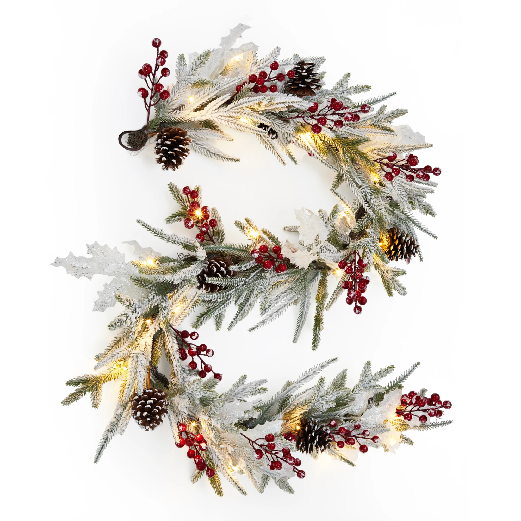 6ft Pre-Lit Christmas Garland - 20 LED Lights, 8 Modes - Real Touch Frosted Pine Greenery with Pine Cones, Red Berries & White Leaves for Mantel, Fireplace, Stairs, Porch Decor