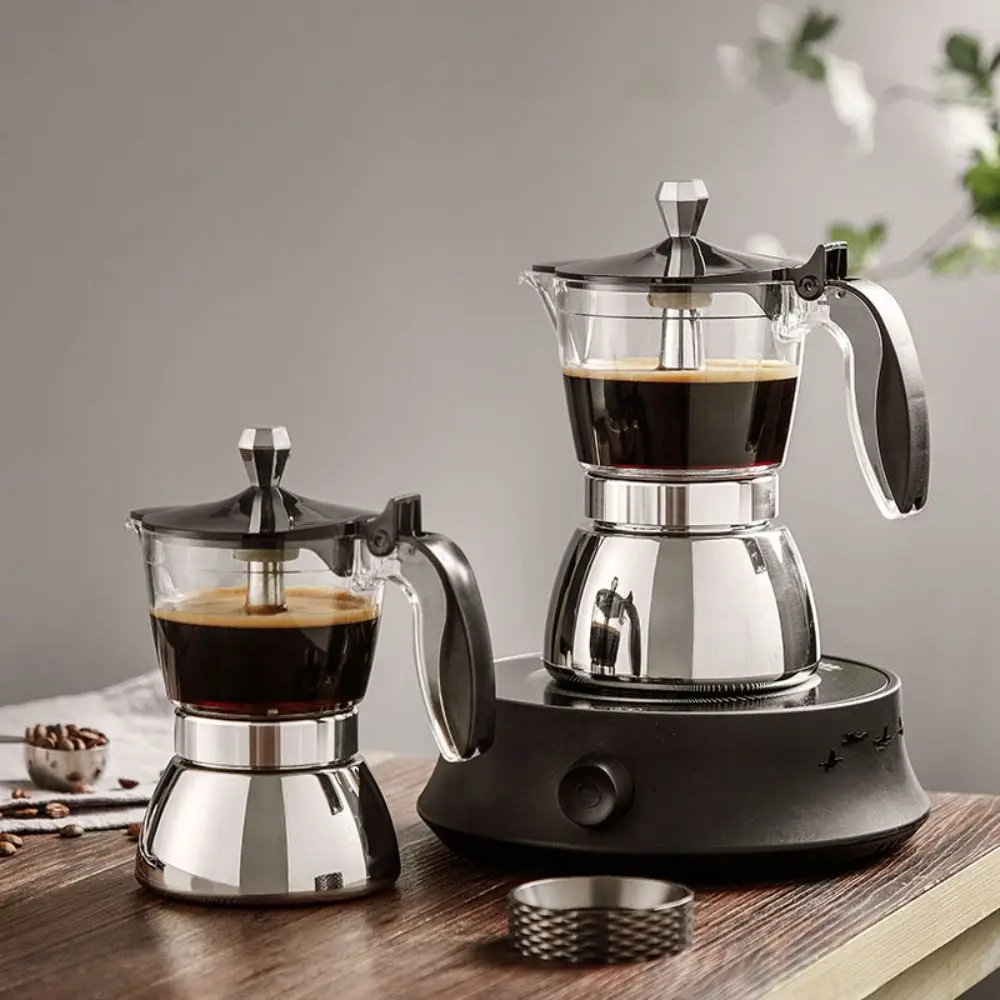 

4/6 Cups Visible Moka Pot Transparent Pot Body Stainless Steel Coffee Maker Pot Universal Espresso Italian Coffee Machine Gift