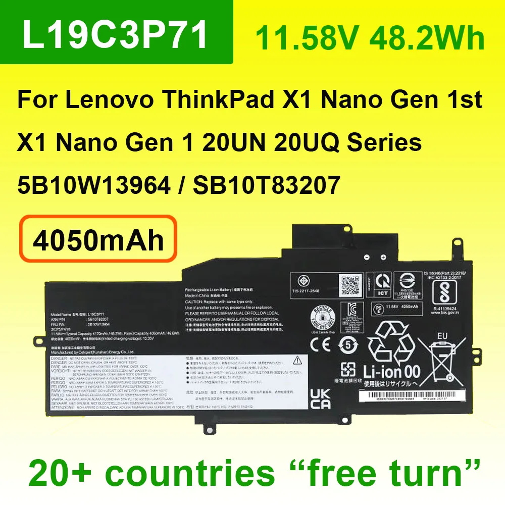 L19C3P71 Battery For Lenovo ThinkPad X1 Nano Gen 1st/Gen1 20UN 20UQ Series Laptop Batteries SB10T83207 11.58V 46.8Wh 4050mAh