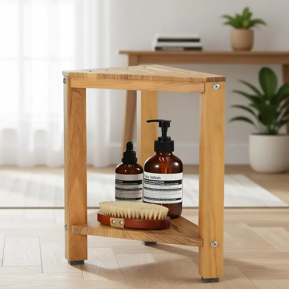 

15 Wooden Shower Bench with Storage Shelf, Waterproof Seat for Shower or Bathroom Use