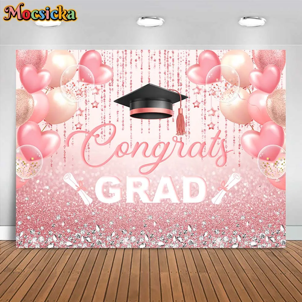 Mocsicka Congrats Grad Photo Background Pink Tassel Balloons Girl Graduation Party Decor Backdrop Graduates Portrait Shoot Props