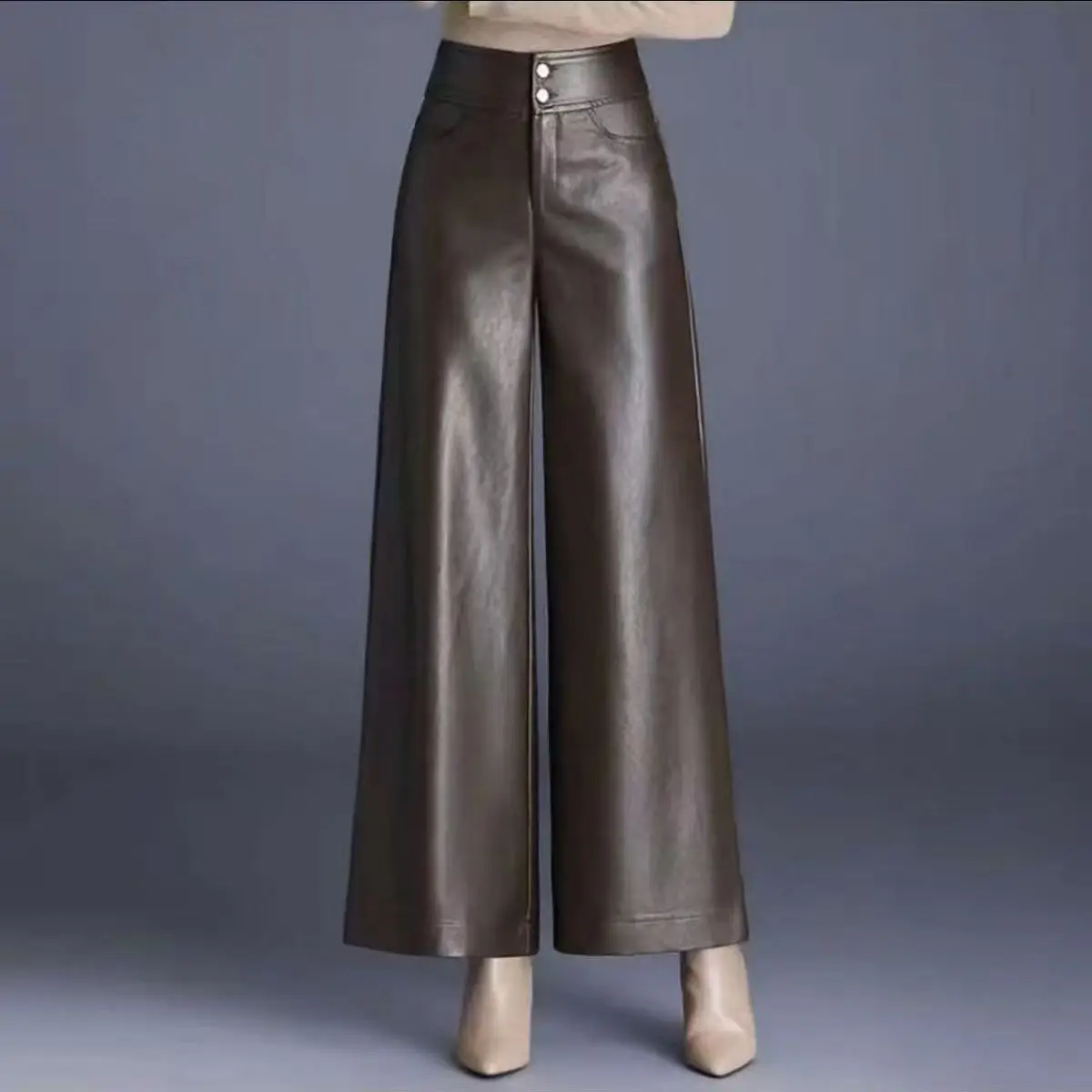 2026 Women's Leather Pants Thick High Waist Loose Wide Leg Slim Fit Fashionable Autumn Winter Pants