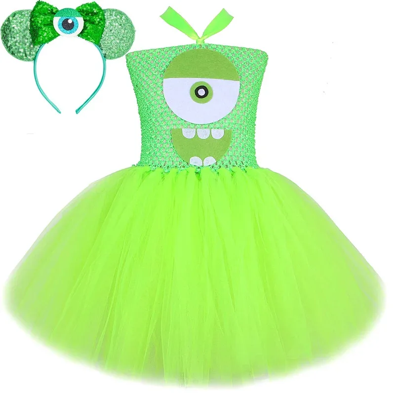 Vestido tutú verde de monstruo de ojos grandes para niñas, disfraces de Halloween de Mike Wazowski para niños, traje de dibujos animados Mr. Q, ropa de cumpleaños