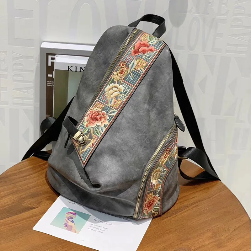 Johnature 2024 New Chinese Style Embroidery Bag High Quality Pu Leather Women Backpack Vintage Large Capacity Female Travel Bags