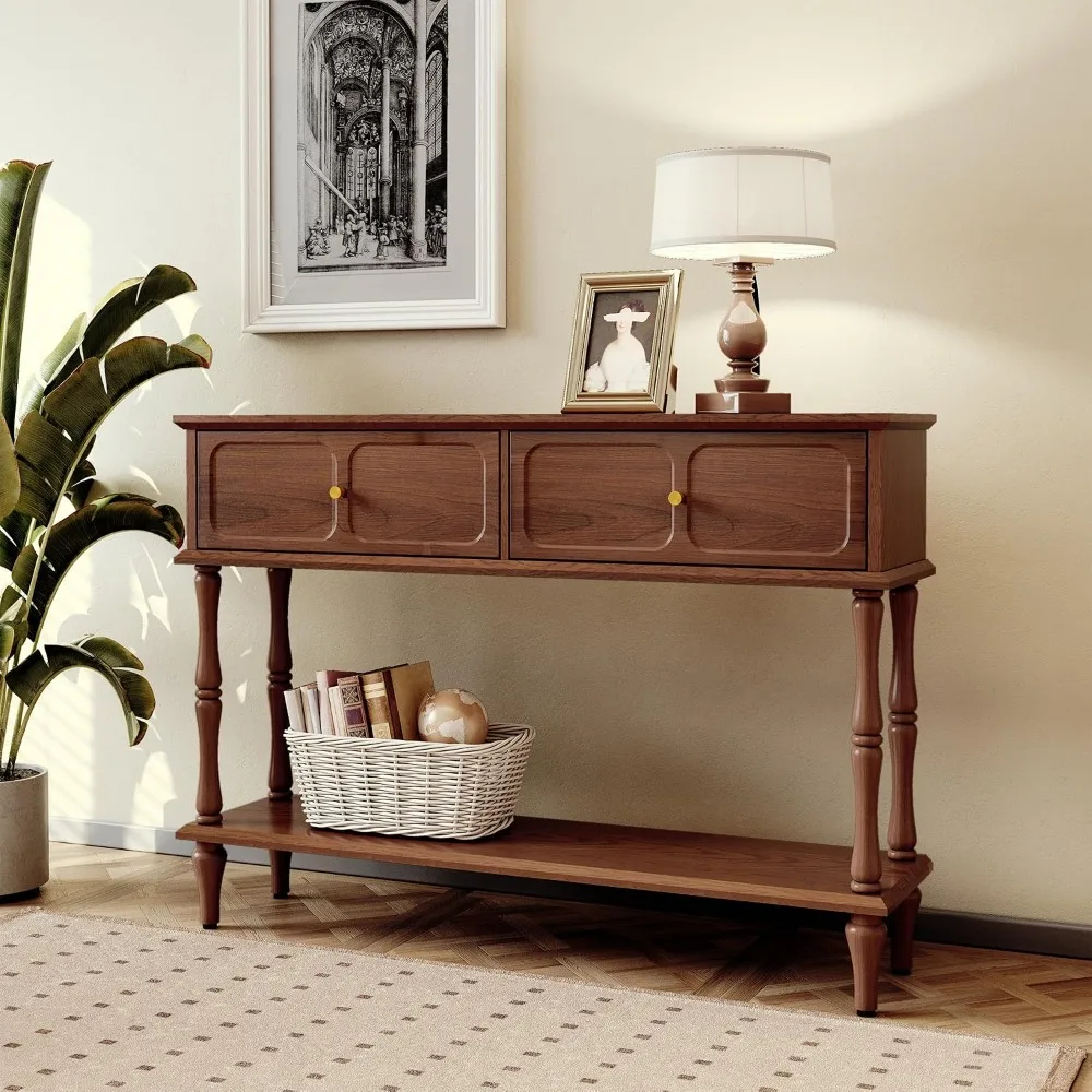 Narrow Mid-Century Wooden Console Table,Drawers & Storage,Brown Entryway Furniture, Custom