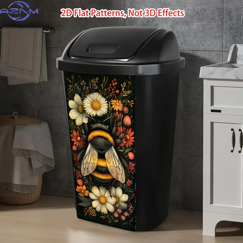 2D Flat 1pc Vibrant Flowers Trash Can Sticker, Buzzing Bee Self-Adhesive Art Stickers, Gorgeous Trash Can Decal Detailed Illus