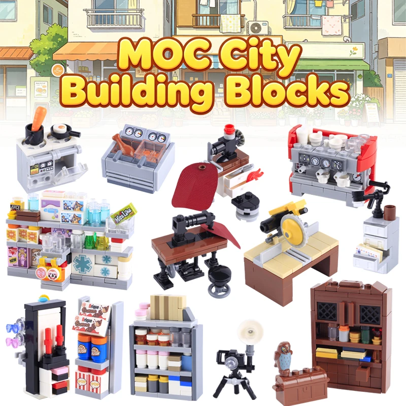 Food Storage Building - MOCシティストリートビュー スーパーマーケット ビルディングブロック ホーム家具 シェルフ 収納ラック