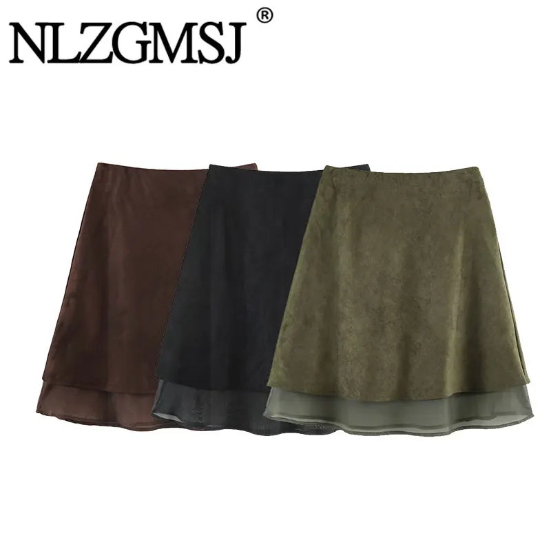 NLZGMSJ Vintage Casual Women Skirt Solid Suede Splicing Short Skirt New Fashion 2026 Autumn Winter Holiday Mini Female Skirt