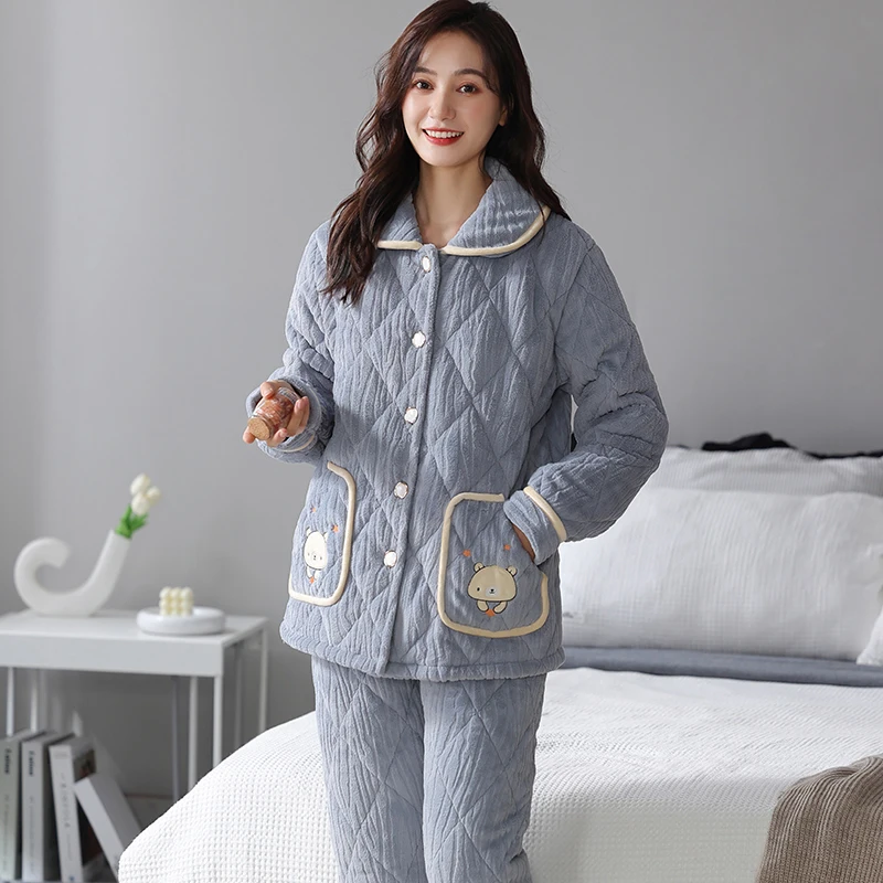 Kardigan Tebal Hangat Musim Dingin Wanita Tiga Lapis Pakaian Tidur Katun Setelan Kartun Lucu Nyaman Lembut M-3XL Piyama Pakaian Rumah Wanita