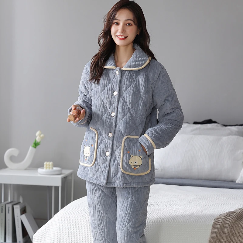 Mùa Đông Ấm Dày Cardigan Nữ Ba Lớp Cotton Đồ Ngủ Phù Hợp Với Hoạt Hình Dễ Thương Thoải Mái Mềm Mại M-3XL Nữ Homewear Bộ Đồ Ngủ