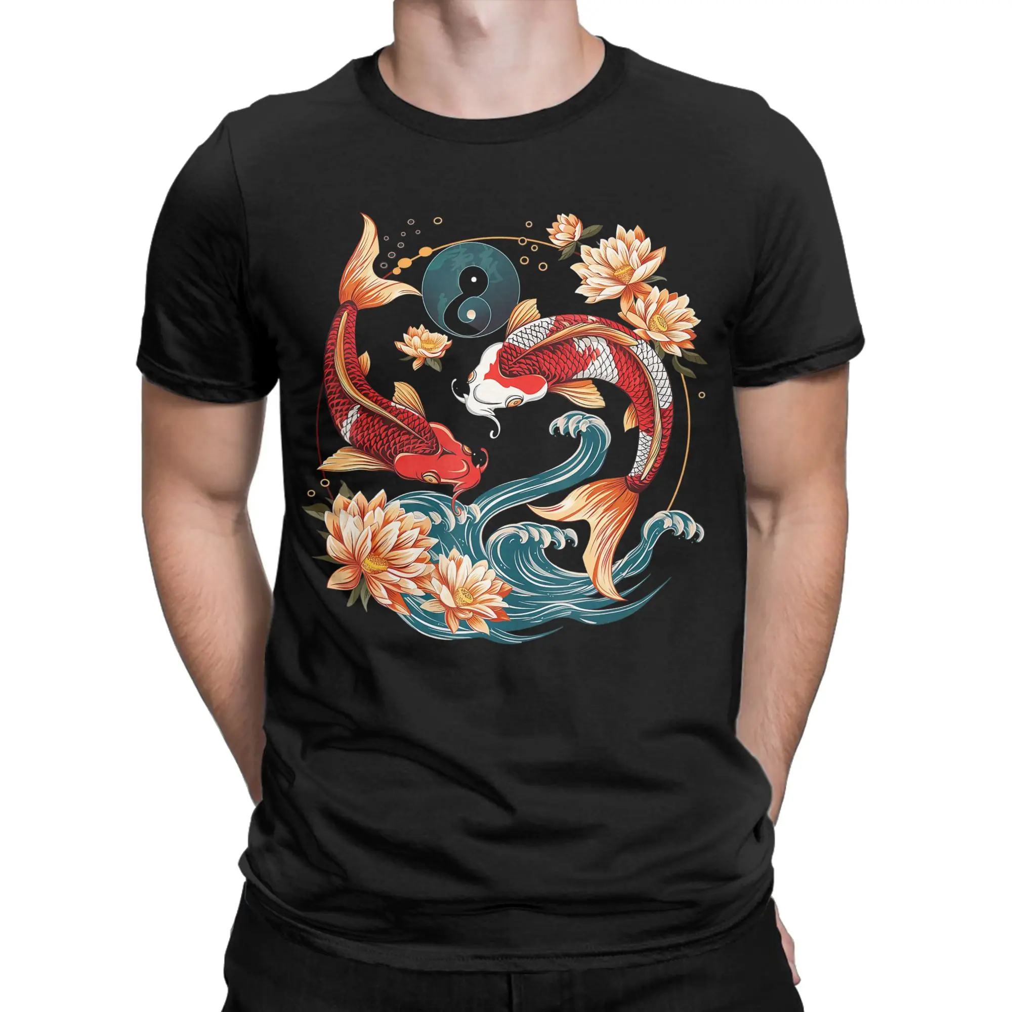 Japanese Koi Fish Lotus Flowers T-Shirts Men  Casual 100% Cotton Tee Shirt Round Collar Short Sleeve T Shirt Gift Idea Clothing