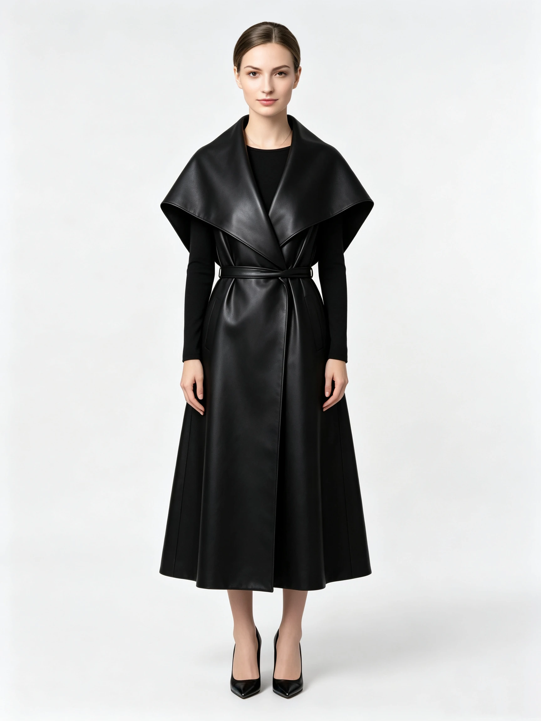 Women's Faux Leather Cape Coat with Oversized Collar and Belted Waist