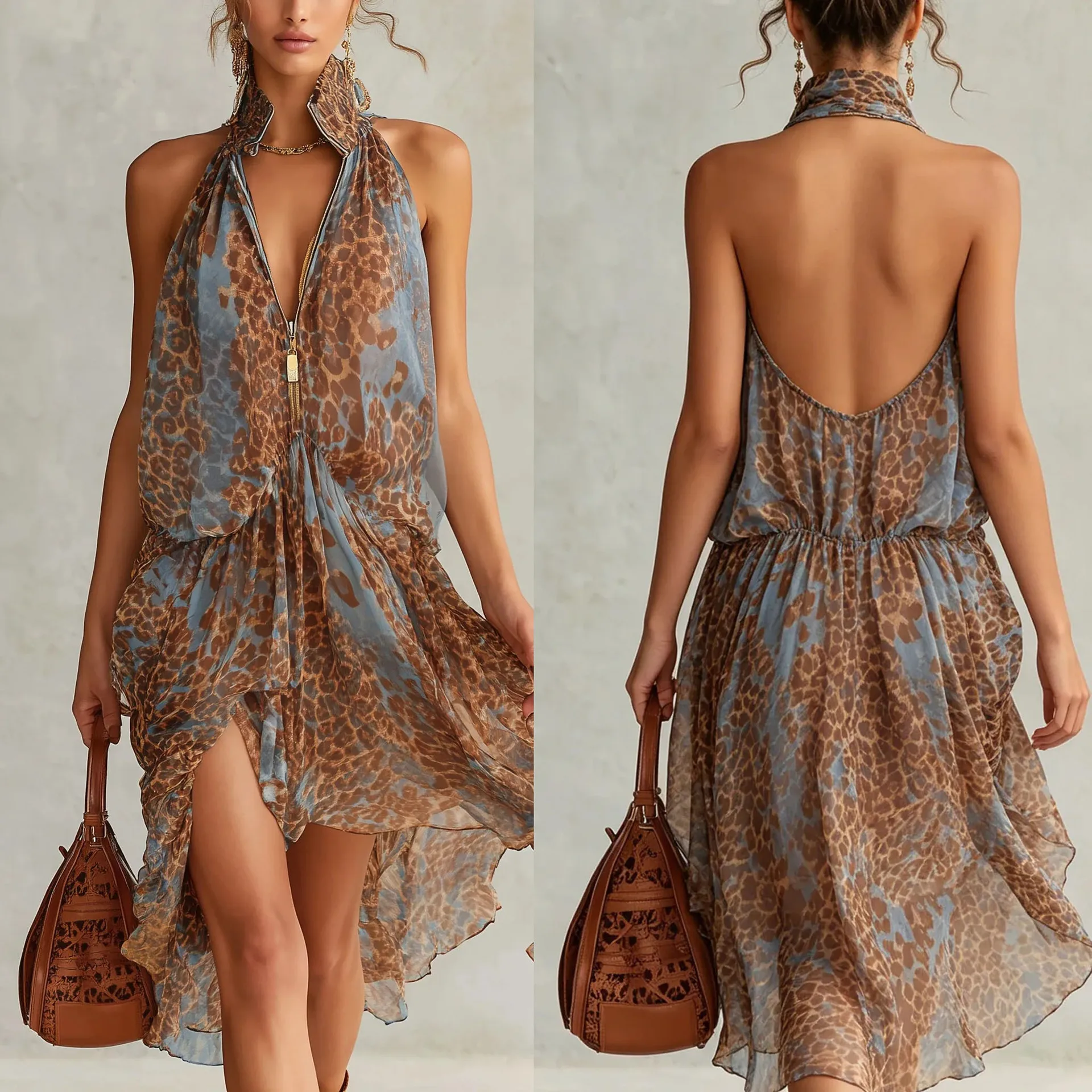 Cross Summer Spring Chiffon Print High Neck Irregular Dress Dresses Jumpsuit Playsuit Evening Dress
