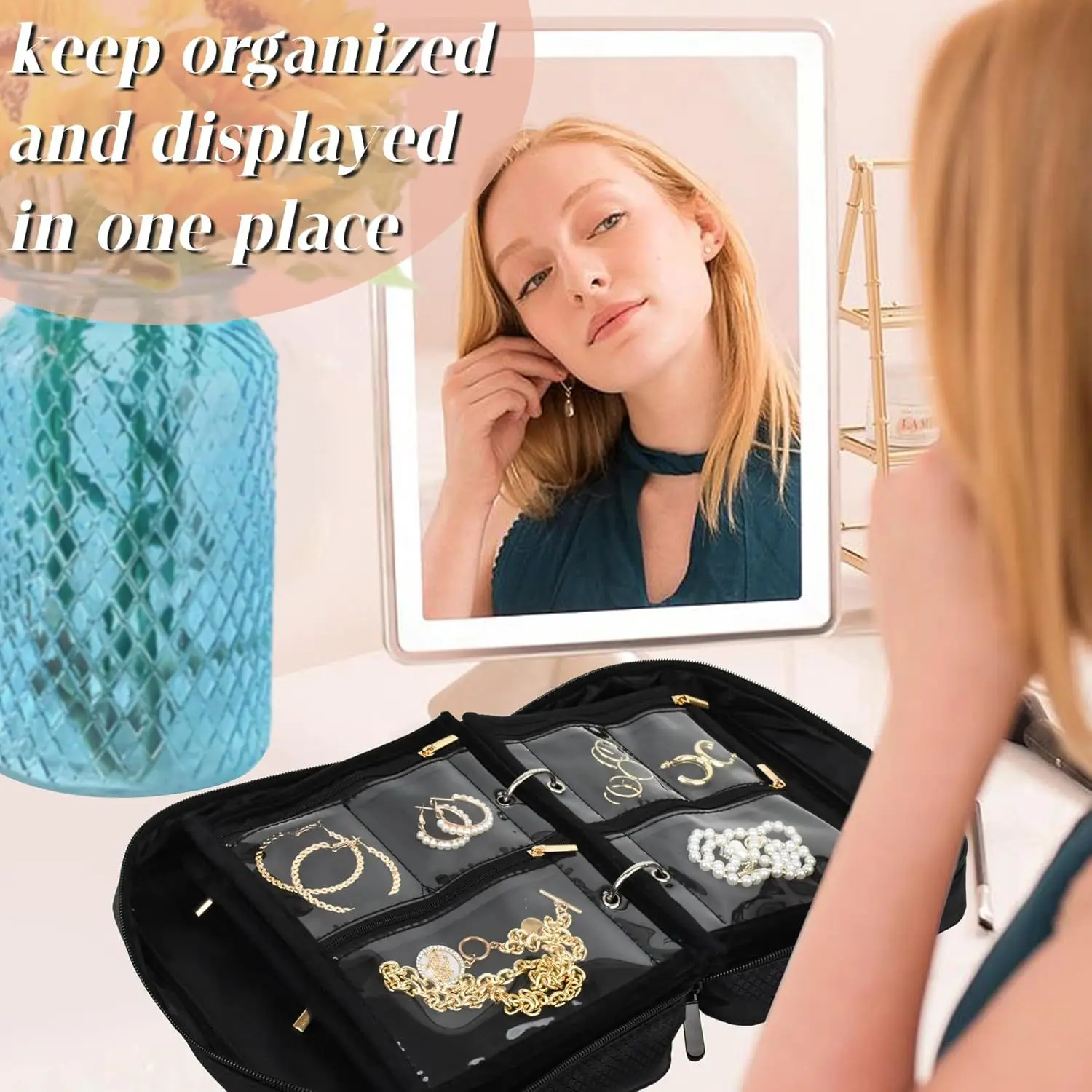 Jewelry Storage Book Organizer Binder with Clear PVC Zipper Pockets Velvet Travel Jewelry Bag for Rings E