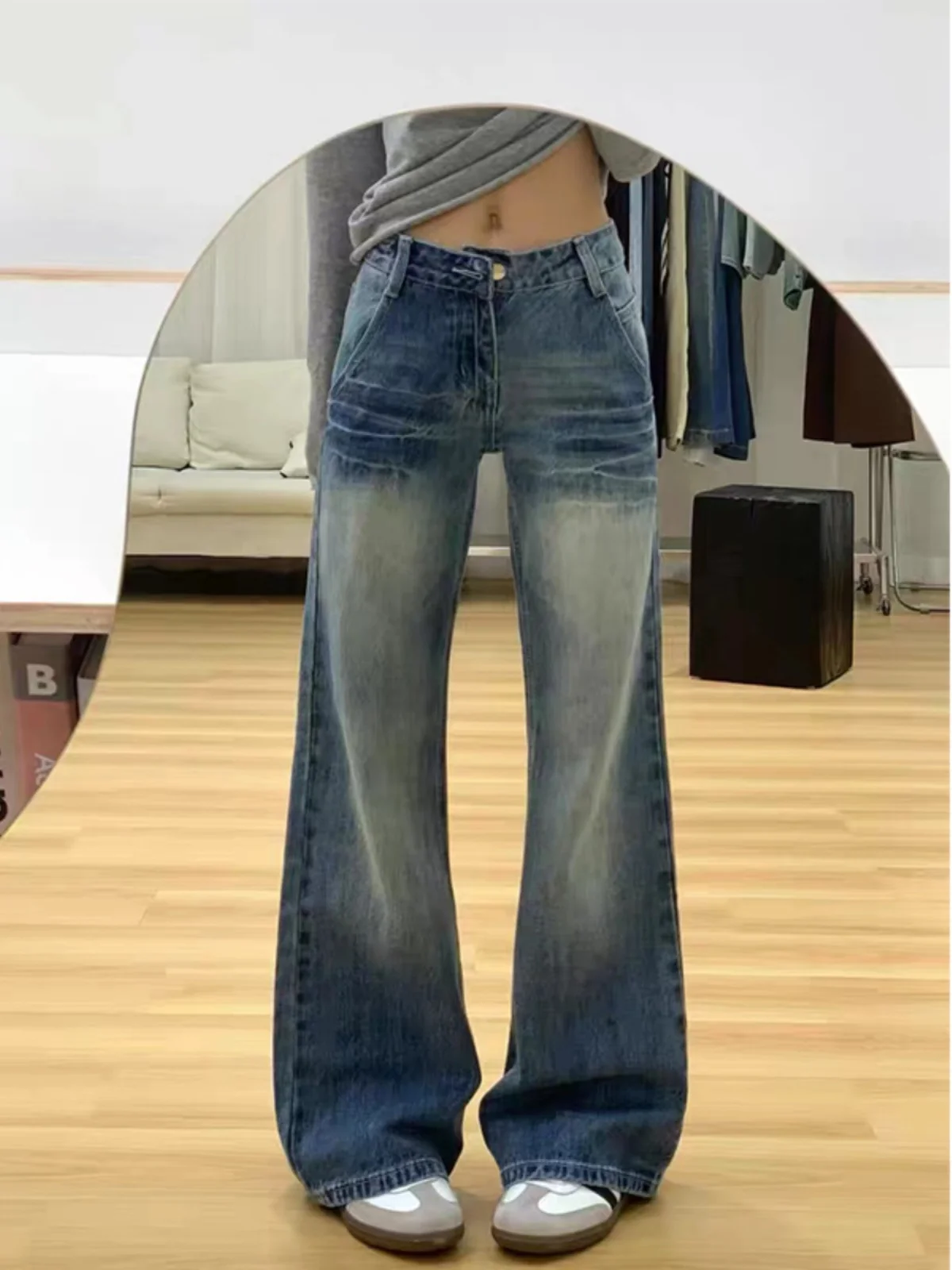 

American Style Retro plus Size Denim Jeans Women's Autumn Winter High Waist Straight Leg Loose Slimming Wide Leg Floor Length...