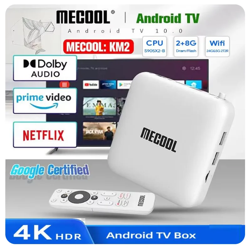 MECOOL KM2 Android TV Box Amlogic S905X2 Сертифицированный Google Netflix 4K USB3.0 LAN 5G WiFi Dolby Atmos Audio Midea Player TVBOX