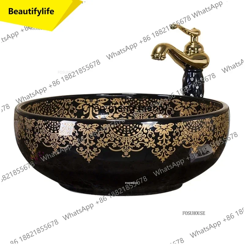 

A17 Американская художественная раковина для ванной комнаты, креативная ручная роспись, ретро-дизайн, круглая одинарная раковина для дома, европейская керамическая раковина для балкона/туалета