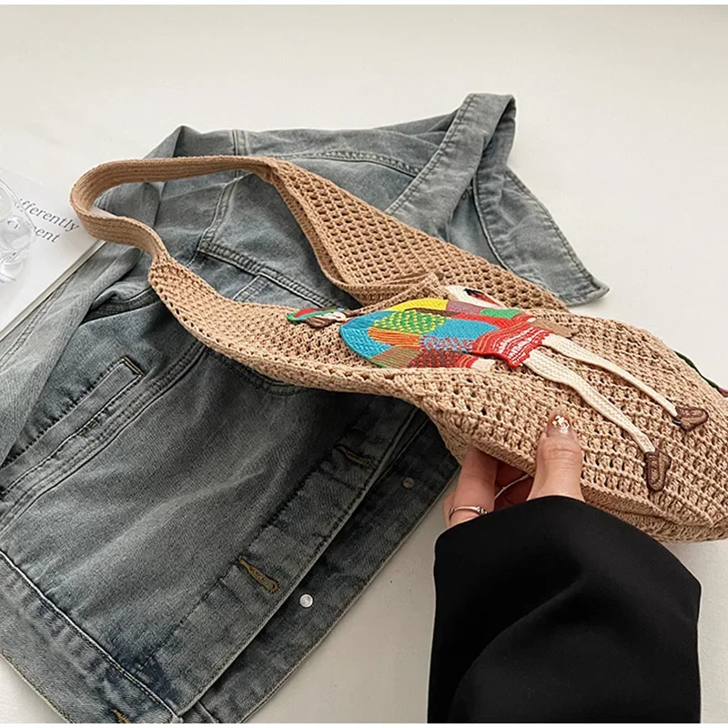 Hohle gestrickte Umhängetasche aus Netzstoff, Strandurlaub, lässige, schicke Cartoon-Einkaufstasche, leichte, lässige, gewebte Damenhandtasche mit Entspannung – Detail 7