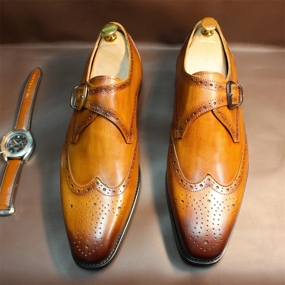 Luxuriöse Herren-Loafer aus echtem Leder mit spitzer Zehenpartie und Schnalle, rahmengenähte braune und schwarze Büro-Formalkleiderschuhe für Herren – Detail 7