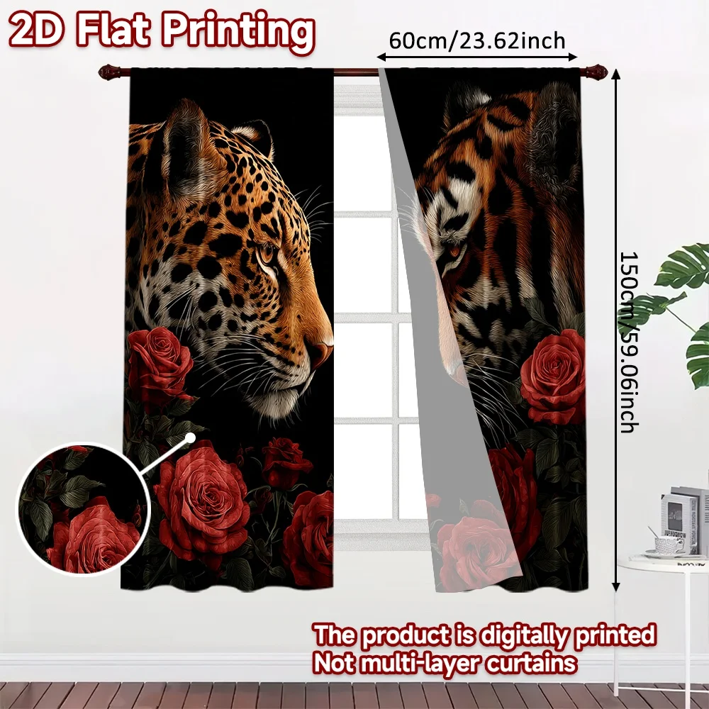 2D الطباعة المسطحة 2 قطعة ستائر النافذة ليوبارد ونمر الورود الرقمية المطبوعة البوليستر الستائر الأسرة استخدام الحفلات لغرفة النوم