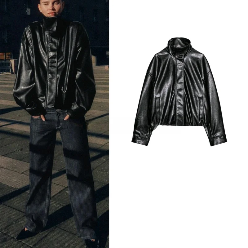 

Новая зимняя женская куртка из искусственной кожи с высоким воротником на молнии, длинными рукавами, пушистая, свободного кроя, для повседневной носки, из полиэстера