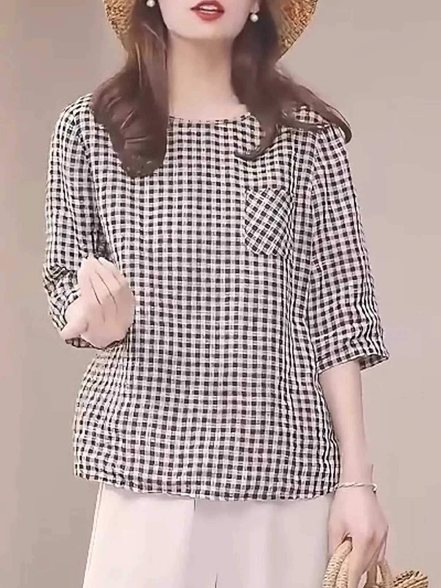 라운드 넥 디자인 한국 스타일 심플한 오팔 소매 패셔너블 다용도 셔츠 출퇴근 우아함 탑 작은 셔츠 여름 2025