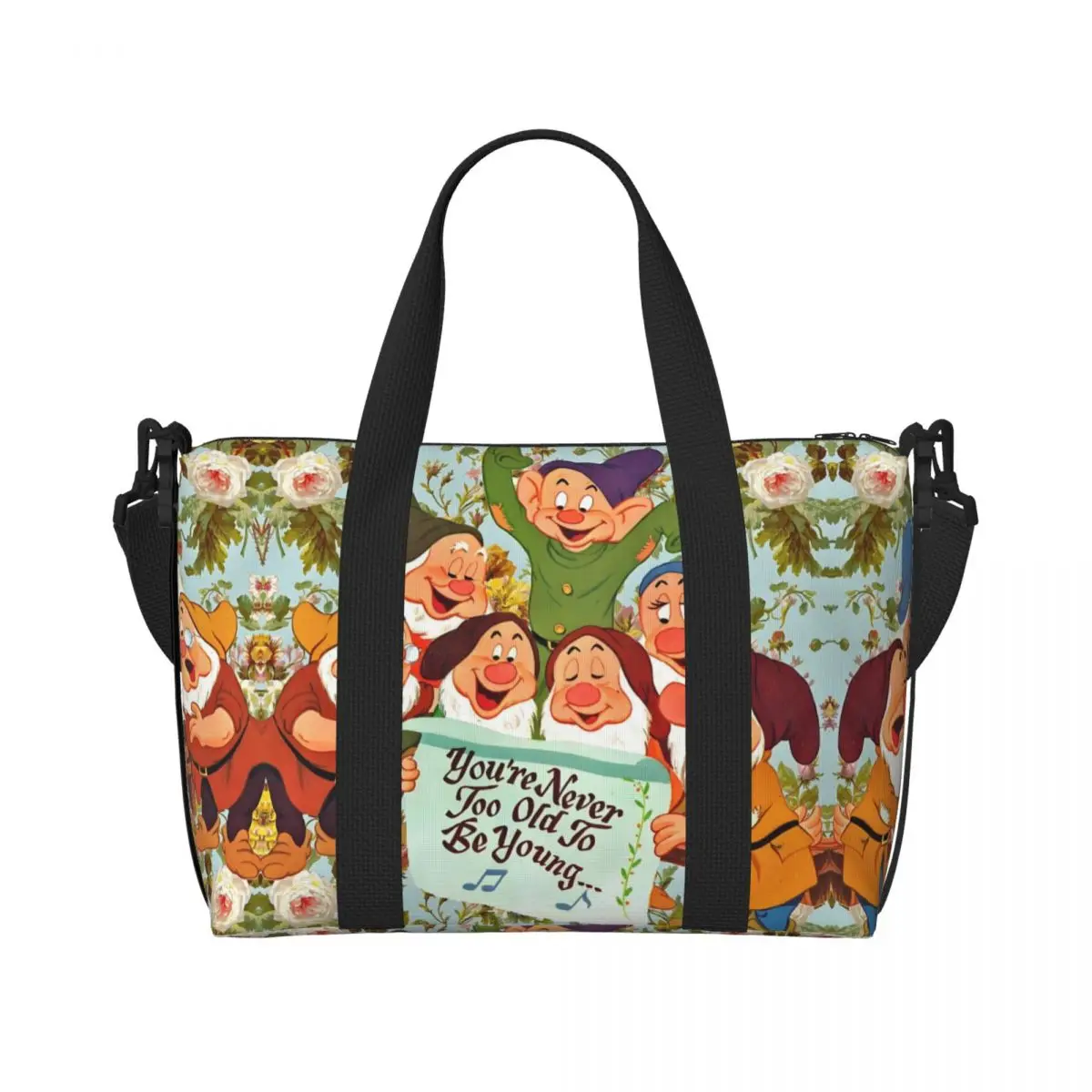 

Custom Large Snow White And The Seven Dwarfs Tote Bag for Women Cartoon Movie Shopper Shoulder Gym Beach Travel Bag