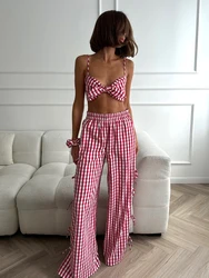 Marthaqiqi Plaid Women Pajama Suit Sexy Spaghetti Strap Sleepwear Crop Top Nightwear Tank Tops Nightie Pants Casual Pyjamas Set