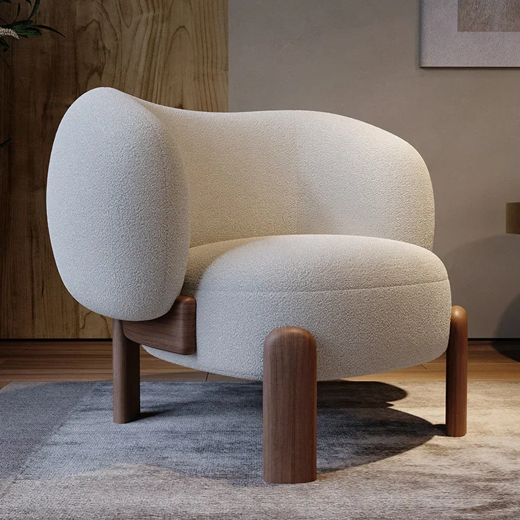 Lamb wool solid wood single sofa chair retro backrest home living room fabric leisure chair