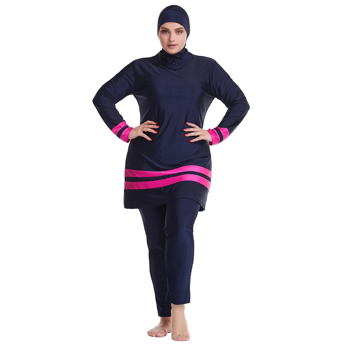 Muslim Women Plus Size Loose Swimsuit Burkini Islamic Ladies Modest Quick Dry Swimming Clothes With Hijab Big Stripes Sets