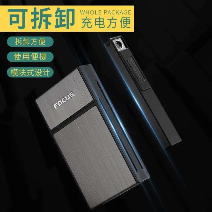 Women\'s 20-cigarette Slim Cigarette Box with Detachable Cigarette Lighter, Portable Aluminum Shell Cigarette Box