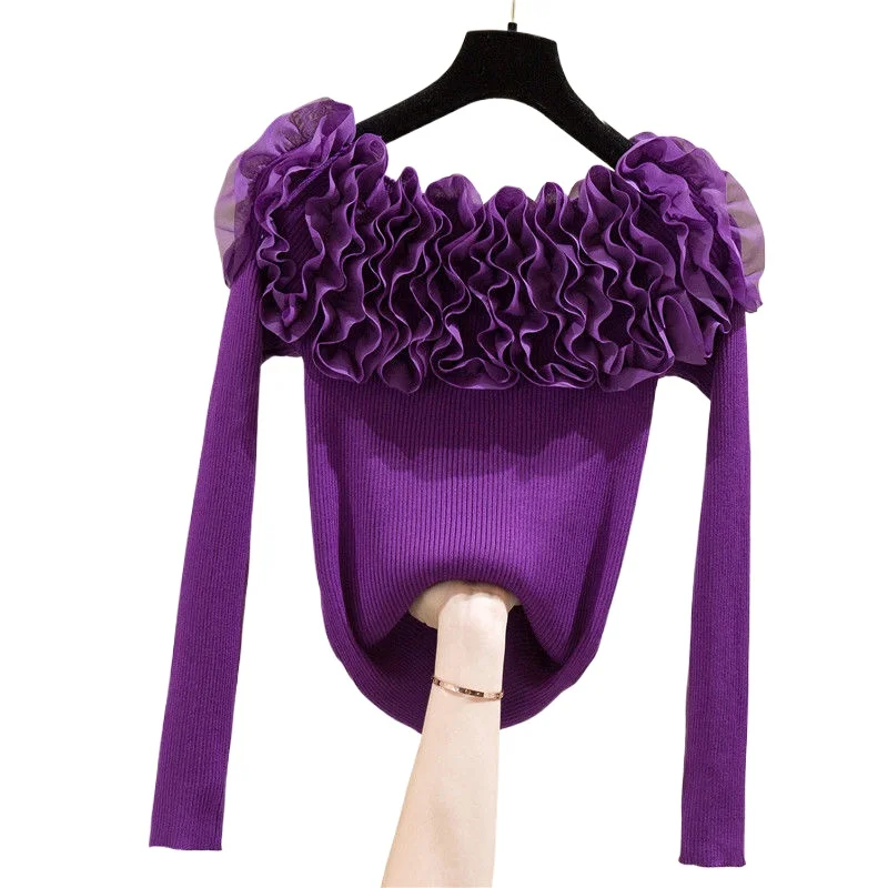 

Three-dimensional Lace One-word Neck Bottoming Sweater Women's Autumn Winter New Slim-fit Versatile Long-sleeved Knitted Top