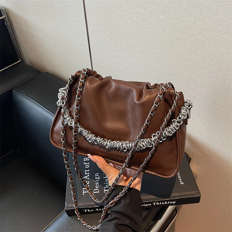 

Fashion Texture Chains Crossbody Bag for Women 2025 Autumn Winter Vintage Pleated PU Leather One Shoulder Bags Casual Handbags