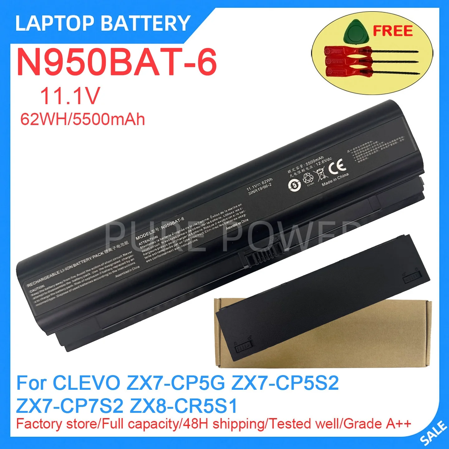 New Laptop Battery N950BAT-6 11.1V 62WH 5500mAh High Quality For CLEVO ZX7-CP5G ZX7-CP5S2 ZX7-CP7S2 ZX8-CR5S1